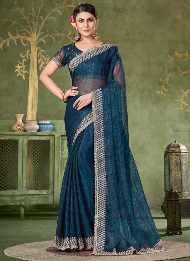 Shimmer Blue Party Wear Swarosvki Work Saree